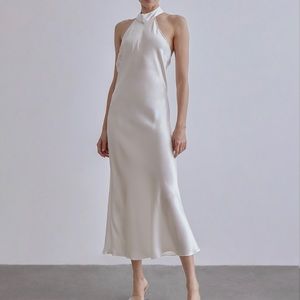 French Bow Halterneck Silk Maxi Dress